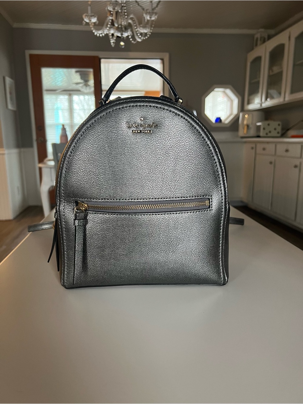 Kate Spade Sammi Patterson Drive Metallic Pewter Gray Leather Mini Backpack